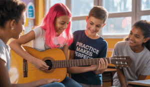 Supportive music learning environment with students helping each other