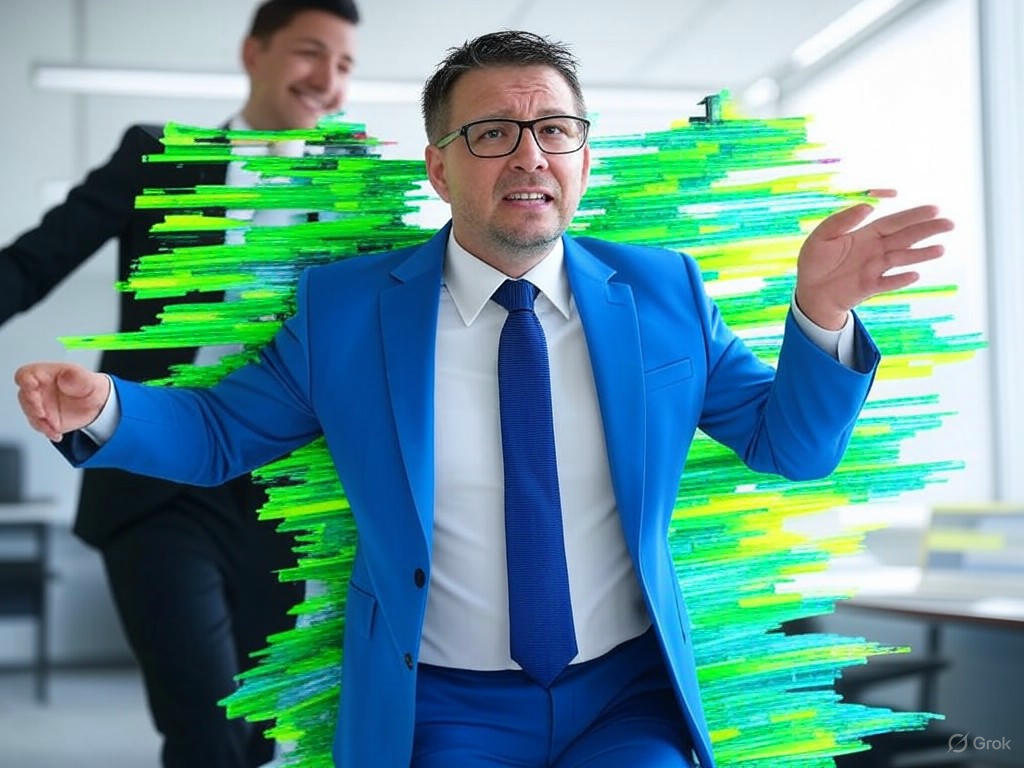 Illustration of Klarna's AI worker replacement backfiring, showing robots handling customer service with frustrated humans and a CEO reconsidering the strategy.Image
