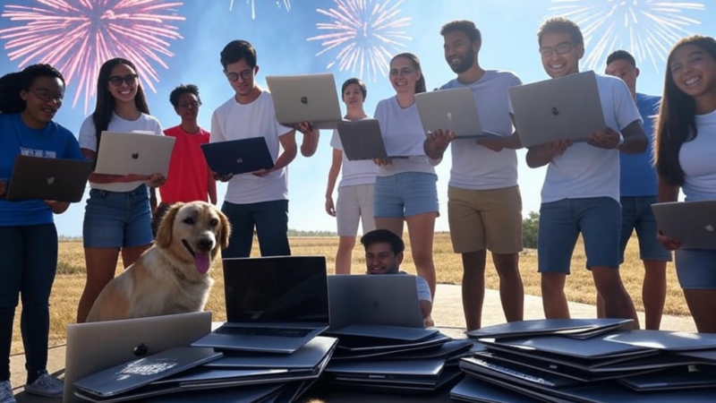 A promotional image showcasing Memorial Day 2025 deals on laptops and desktops from top brands like Apple, Lenovo, HP, and Dell, highlighting unbeatable discounts and savings on tech gadgets.Image