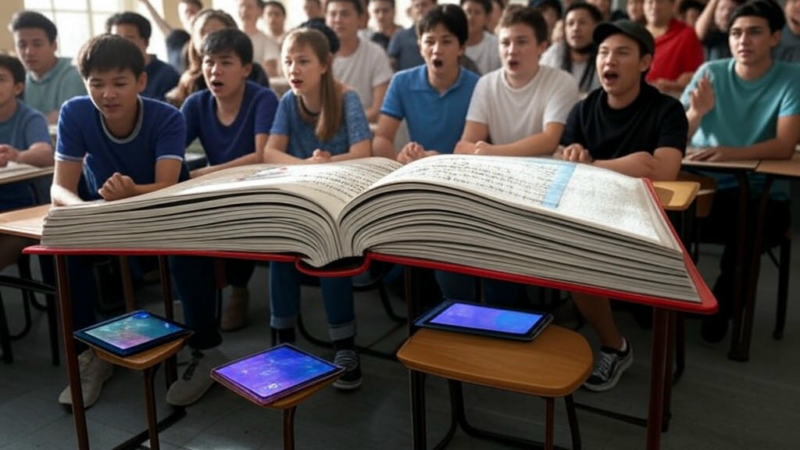 Students in a classroom struggling with reading and critical thinking amidst digital distractions and AI reliance.Image
