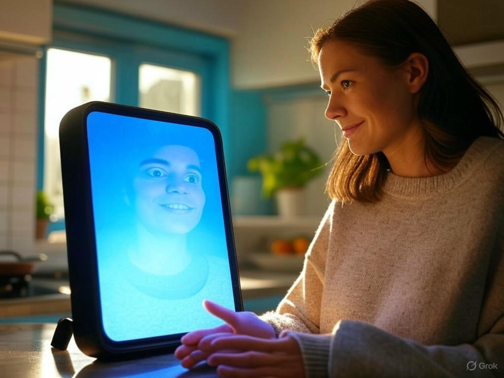 A person interacting with various AI-powered devices, such as a smart speaker, facial recognition smartphone, and digital assistants, illustrating the impact of AI on daily routines.Image