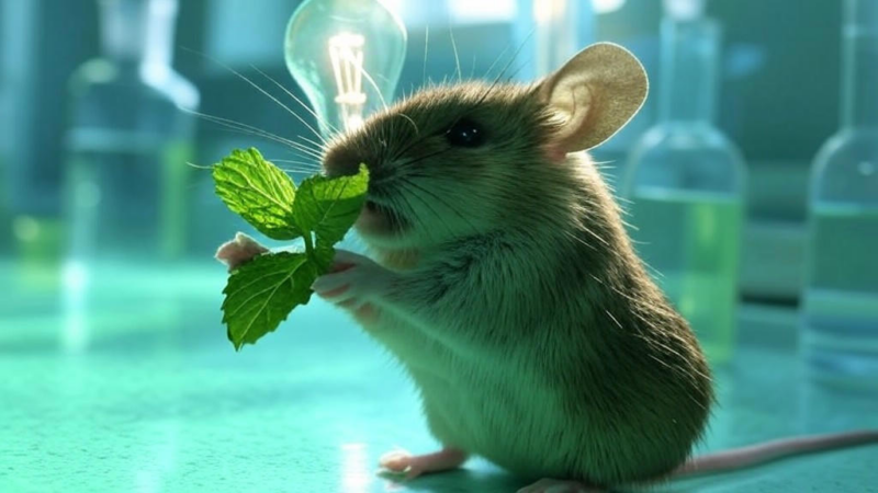 A laboratory mouse inhaling menthol vapor, demonstrating potential cognitive improvements in Alzheimer's research based on the study findings.Image