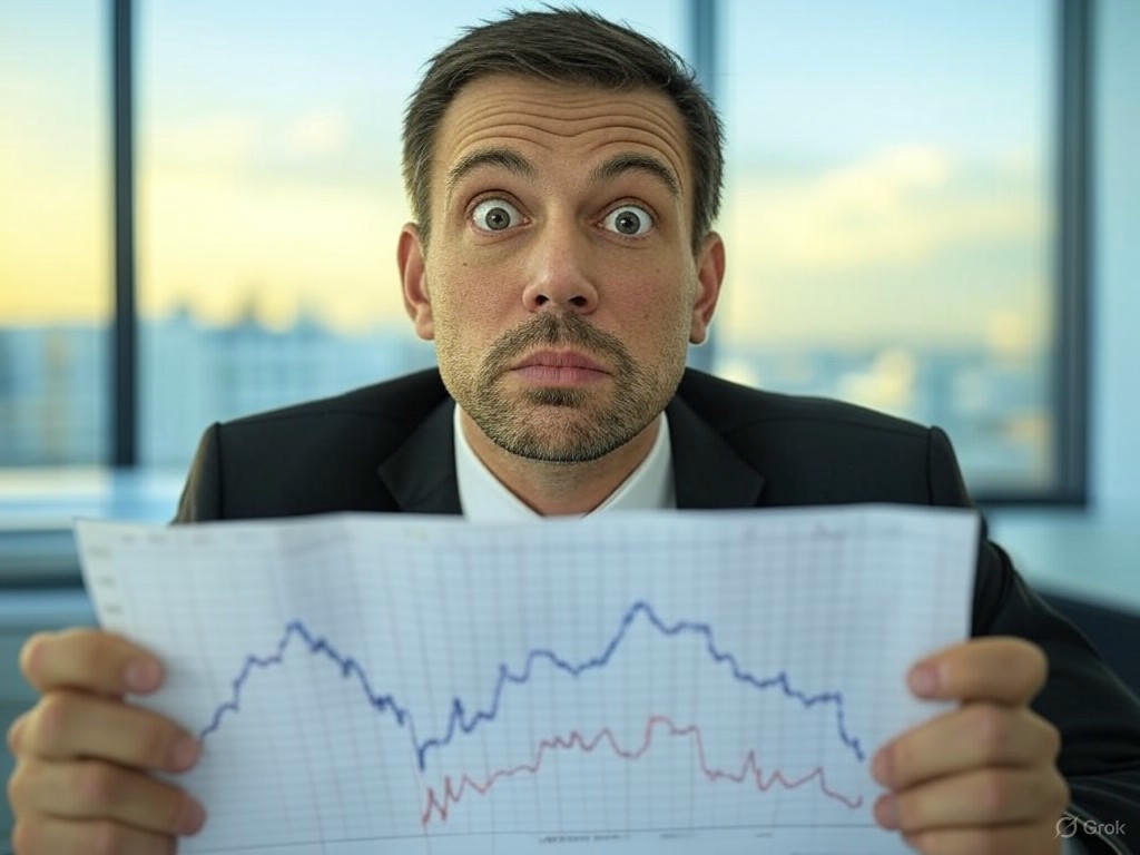 Illustration of investors reacting emotionally to market volatility, as warned by Goldman Sachs, showing peaks beyond past crises.Image