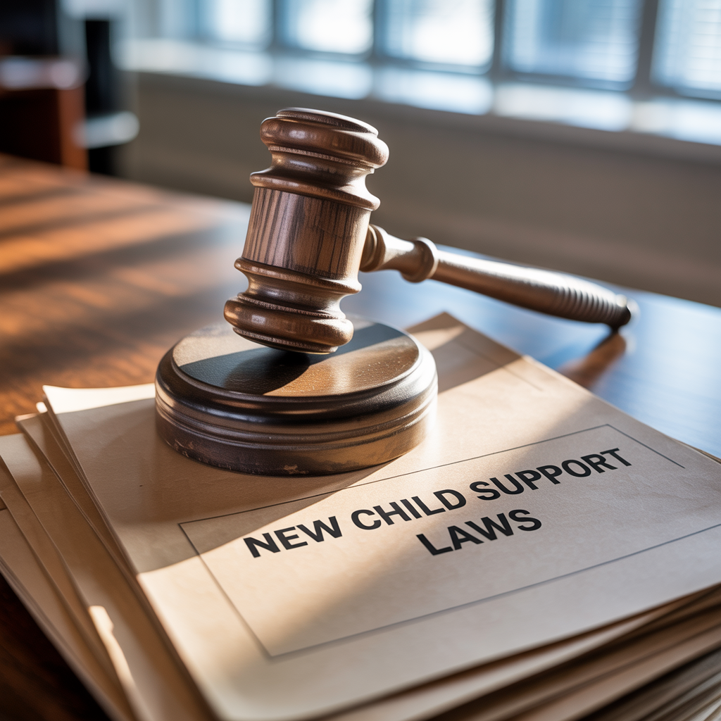 Family court gavel and legal documents representing new child support laws