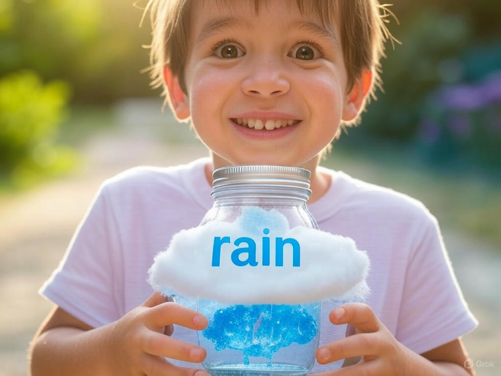 A clear glass jar with shaving cream forming a fluffy cloud and blue food coloring dripping like rain, illustrating the Cloud in a Jar science experiment for kids.Image