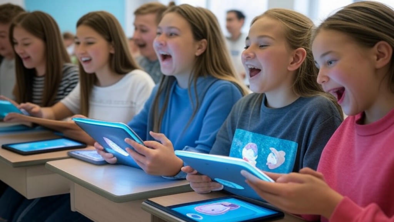 Illustration depicting students using AI tools and smartphones in Estonian and Lithuanian classrooms, highlighting contrasting educational approaches to technology integration.Image
