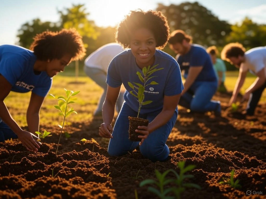 AmeriCorps volunteers engaged in community service, planting trees and building trails to promote environmental resilience and social impact in 2025.Image