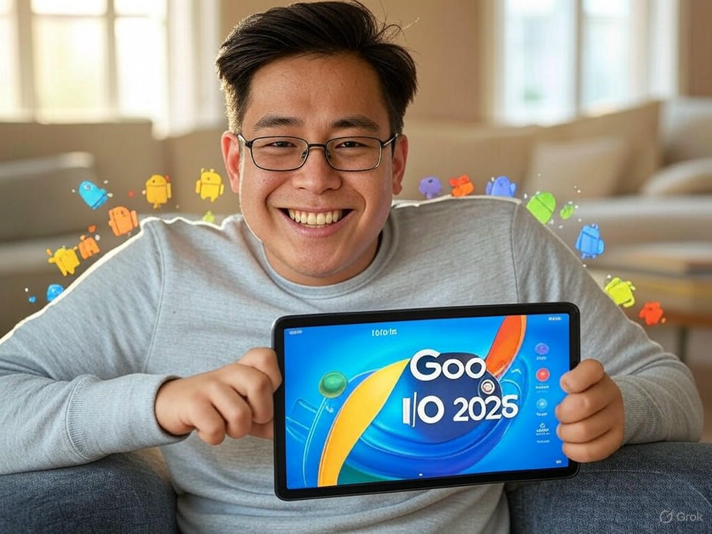 Screenshot of Google I/O 2025 keynote streaming setup with key updates on Android 16 and Gemini AI.Image