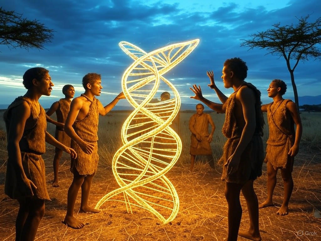 Alt text for the article's implied image: "Diagram illustrating two ancestral human populations diverging 1.5 million years ago and merging 300,000 years ago to form modern humans, based on genetic research."Image