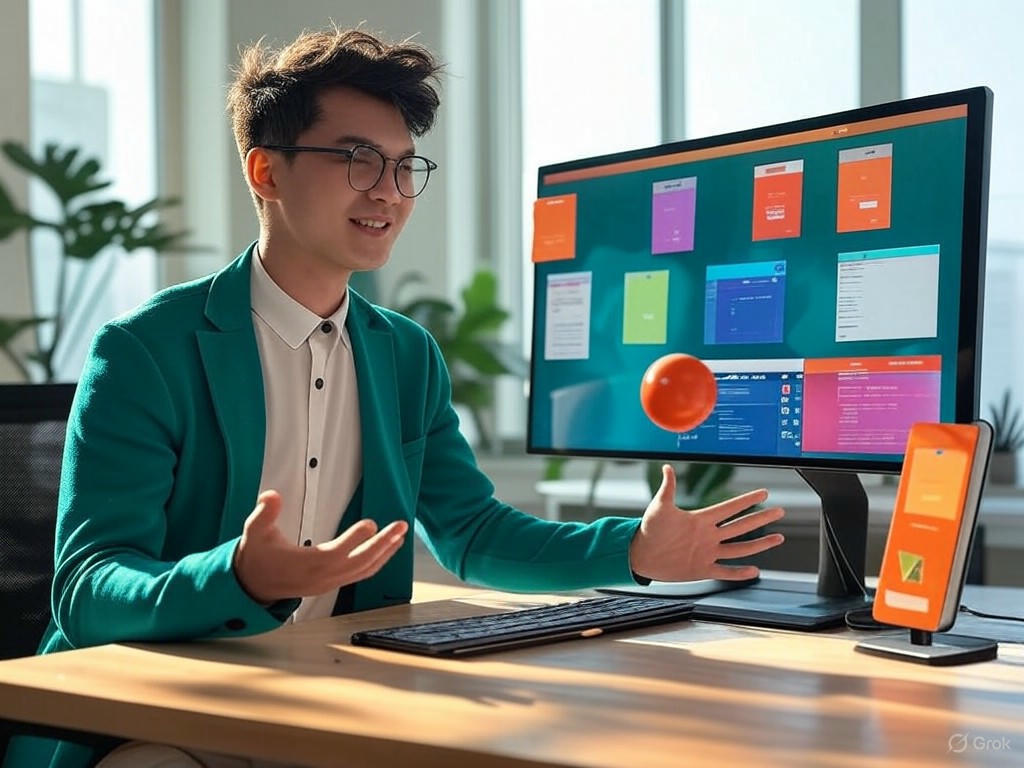 An illustration of Android 16's desktop mode, featuring a smartphone connected to an external monitor with multiple resizable app windows, showcasing the Google-Samsung collaboration for enhanced mobile productivity.Image