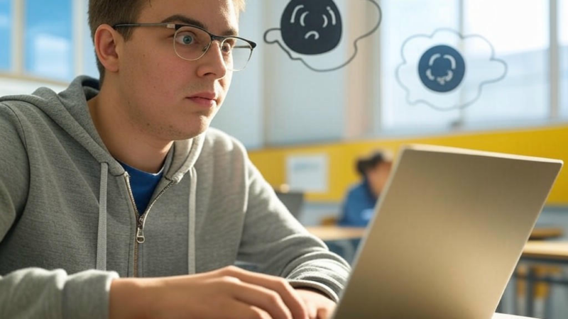 A student using AI tools on a computer in a classroom, highlighting the detection strategies to combat AI cheating in schools.Image